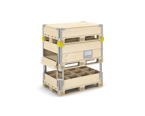 Complete wooden packaging solution including pallet collars, pallets and various accessories