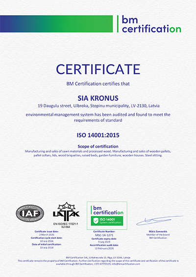 KRONUS ISO 14001 Certificate EN 2026.