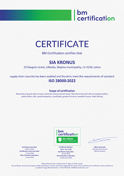 KRONUS ISO 28000 Certificate EN 2026