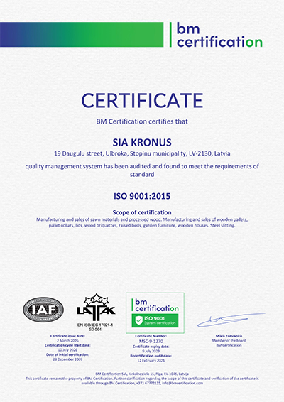 KRONUS ISO 9001 Certificate EN 2026.